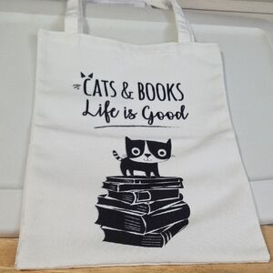 Life is Good Cats & Books Tote Bag - Black and White
